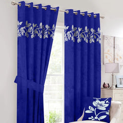 2 Pcs Luxury Floral Velvet Curtains Royal Blue