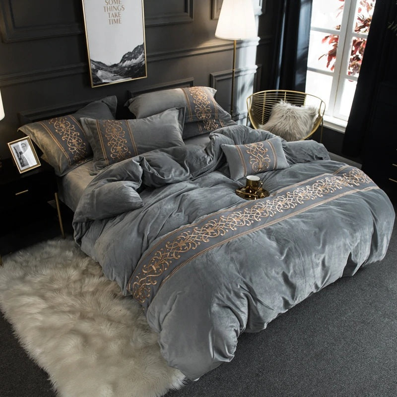 New Luxury Embroidered Velvet Duvet Silver Grey - King