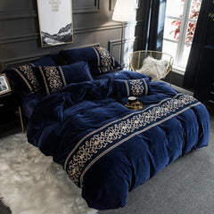 New Luxury Embroidered Velvet Duvet Navy Blue - King
