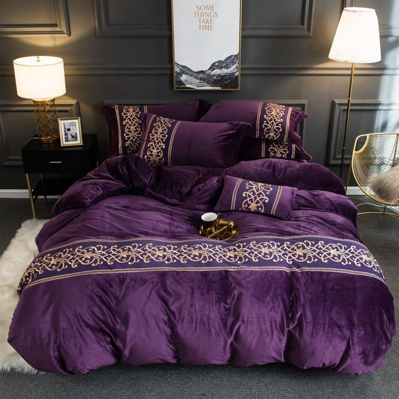 New Luxury Embroidered Velvet Duvet Purple - King