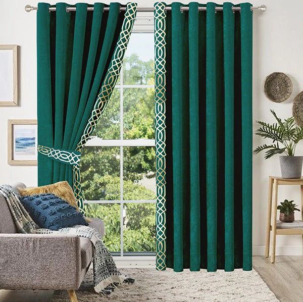 2 Pieces Crocodile Premium splendid velvet curtain Panels & 2 Belts-Green