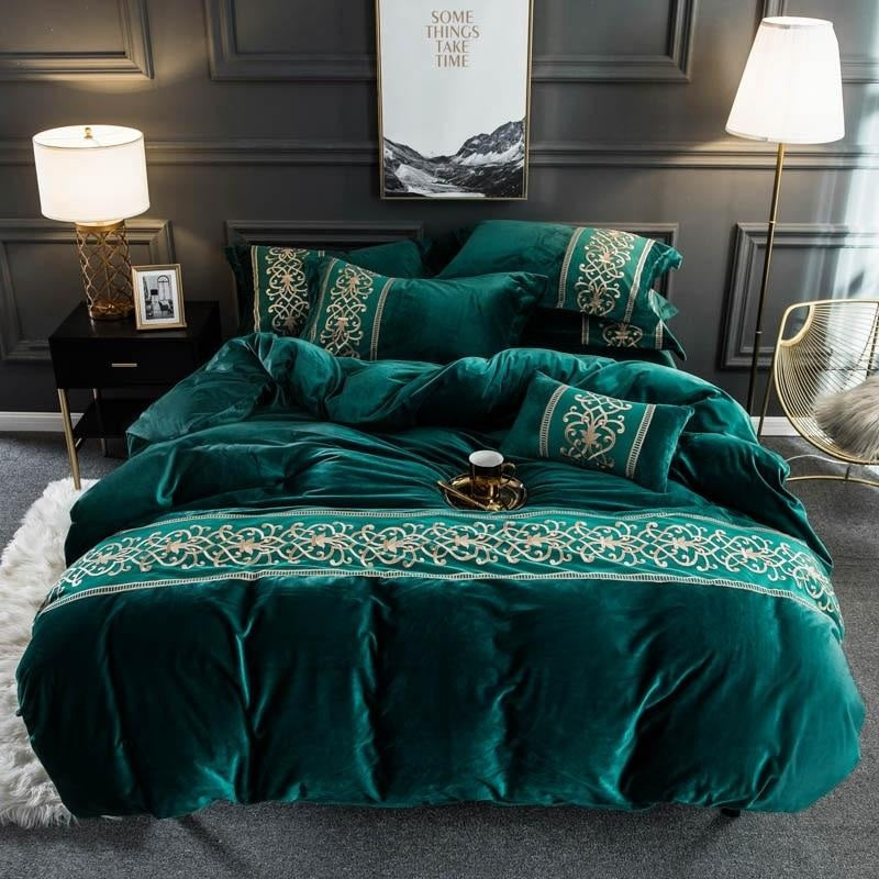 New Luxury Embroidered Velvet Duvet Royal Green - King