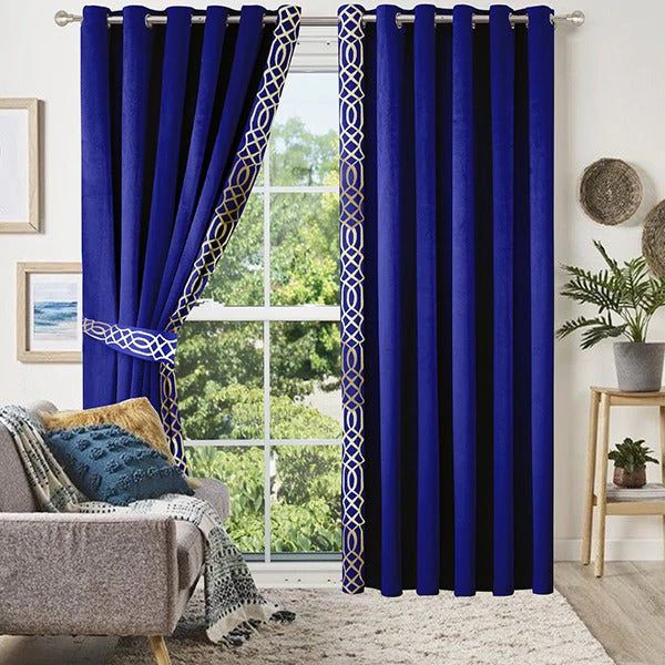 2 Pieces Crocodile Premium splendid velvet curtain Panels & 2 Belts-Sapphire Blue