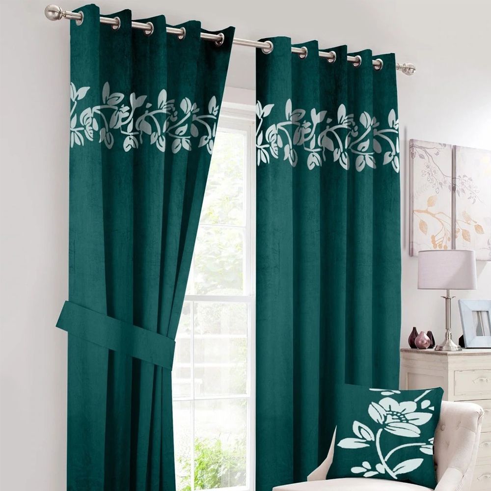 2 Pcs Luxury Floral Velvet Curtains Green
