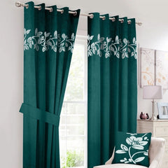 2 Pcs Luxury Floral Velvet Curtains Green