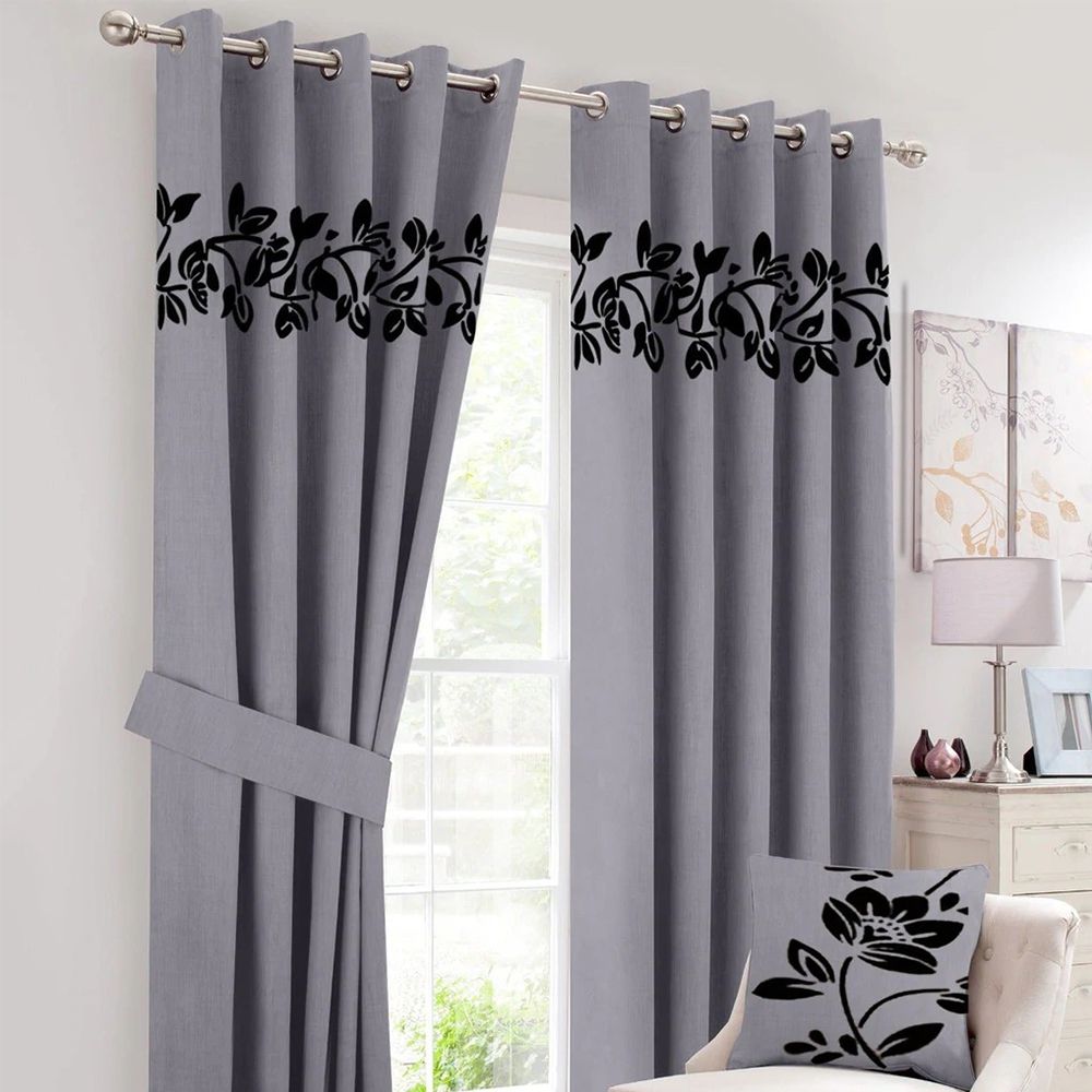 2 Pcs Luxury Floral Velvet Curtains Grey