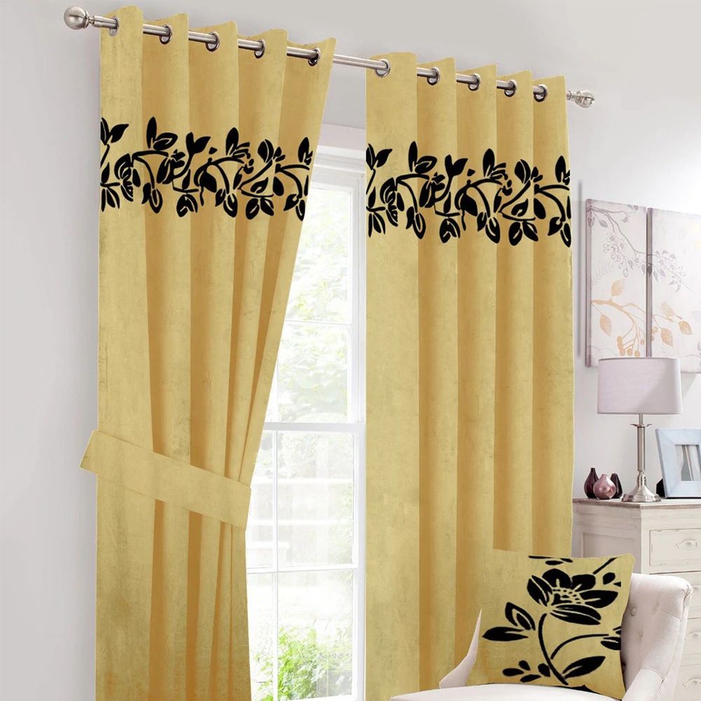 2 Pcs Luxury Floral Velvet Curtains Mustard