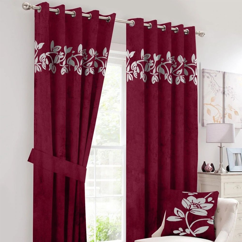 2 Pcs Luxury Floral Velvet Curtains Maroon