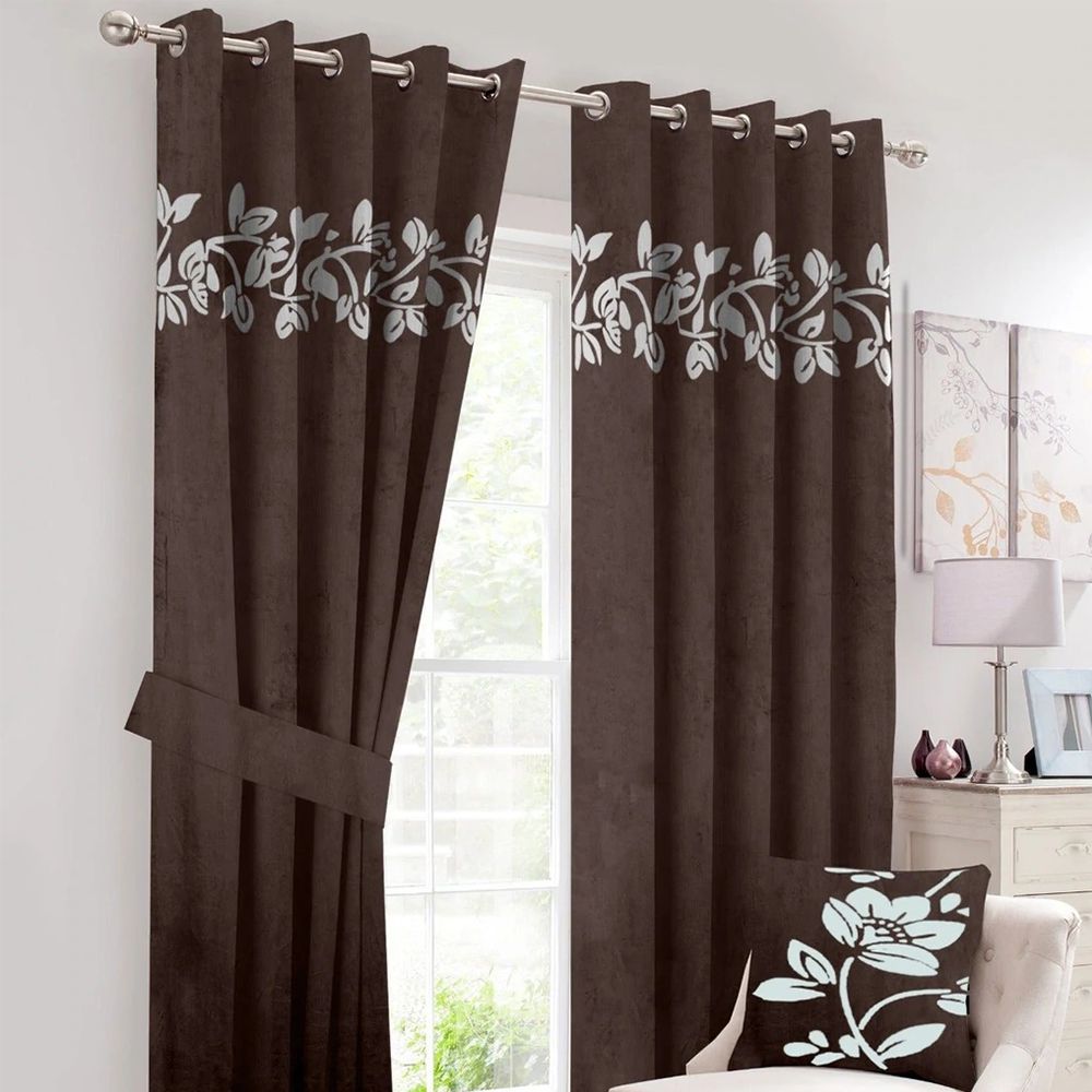 2 Pcs Luxury Floral Velvet Curtains Brown