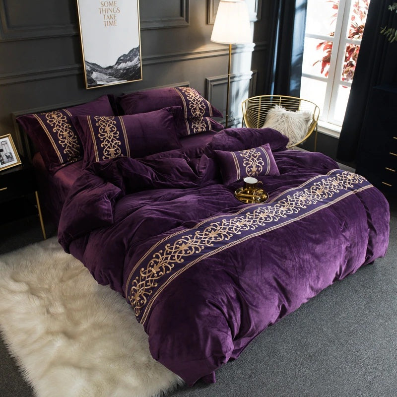 New Luxury Embroidered Velvet Duvet Purple - King