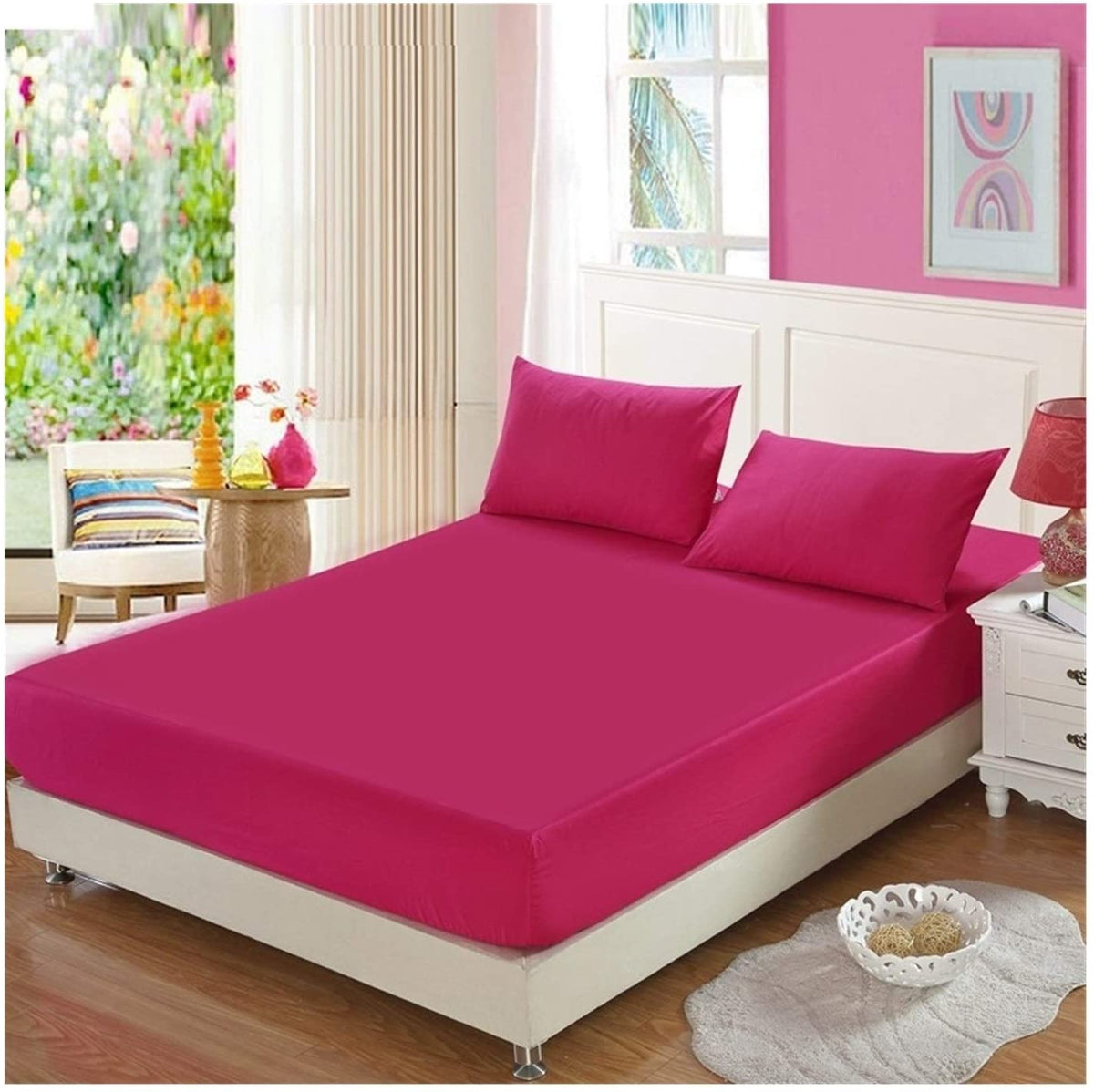 Rich Cotton Fitted Sheet with Pillow covers - Shocking Pink