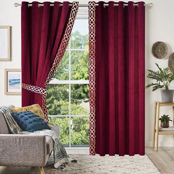 2 Pieces Crocodile Premium splendid velvet curtain Panels & 2 Belts-Maroon