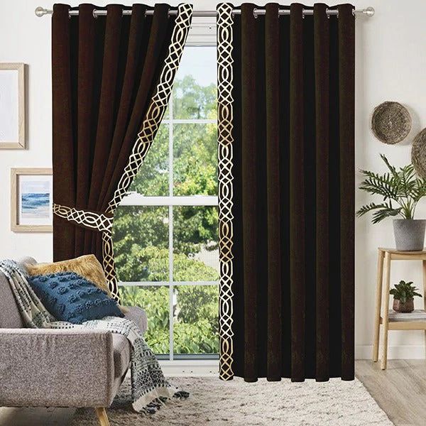 2 Pieces Crocodile  Premium splendid velvet curtain Panels & 2 Belts-Brown